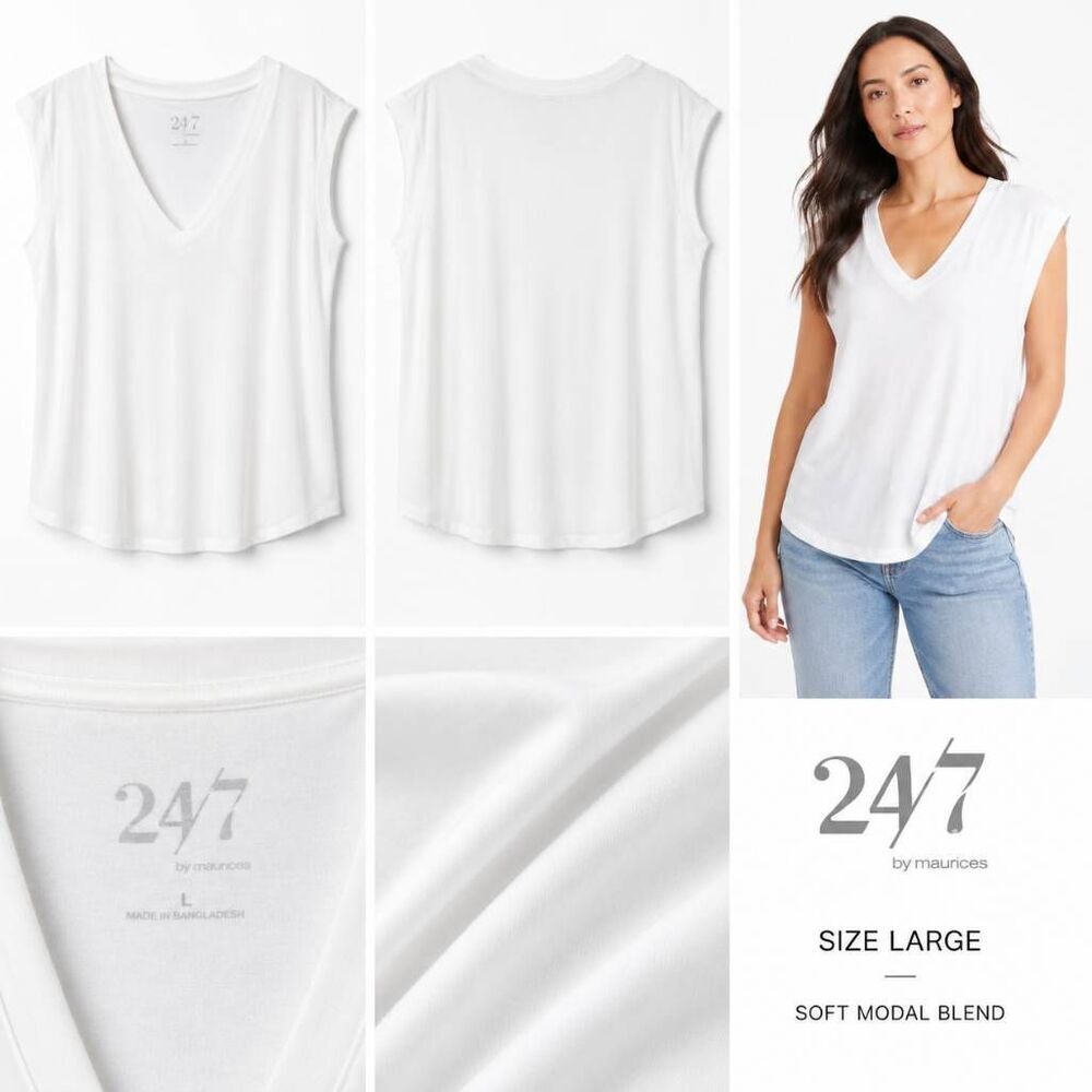 Maurices 24/7 V Neck Tee Women’s Large White Cotton